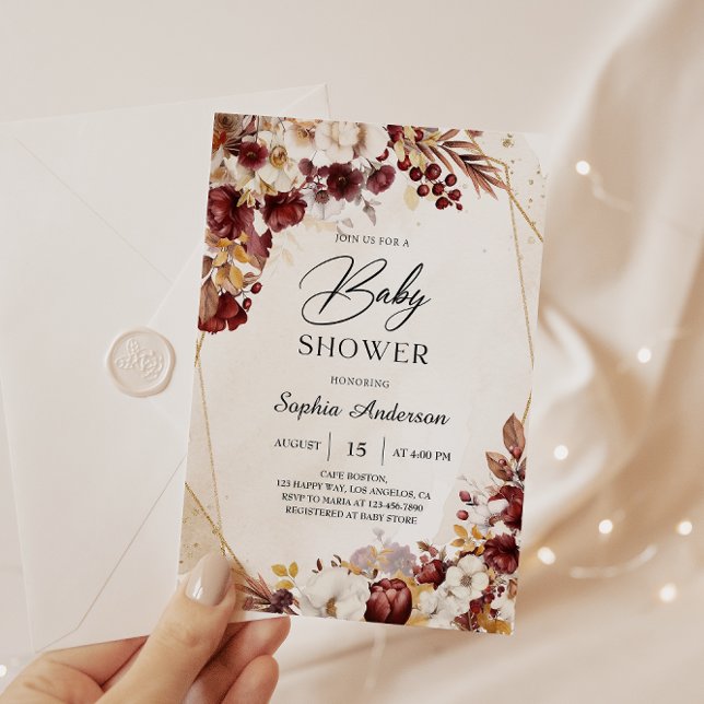 Elegant Burgundy Floral Baby Shower Invitation  (Creator Uploaded)