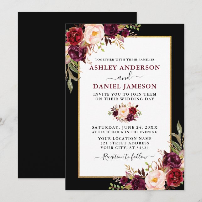 Elegant Burgundy Floral Black Gold Frame Wedding Invitation (Front/Back)