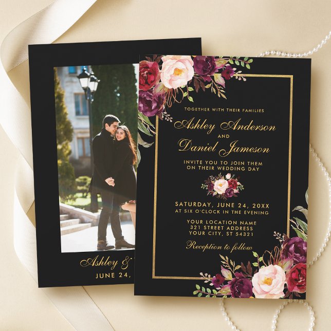 Elegant Burgundy Floral Black Gold Photo Wedding Invitation (Customize to change text size or style.)