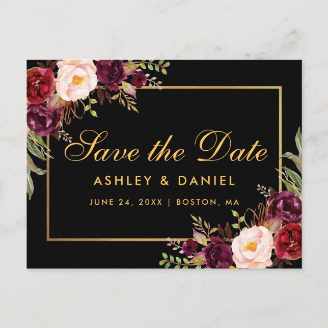 Elegant Burgundy Floral Black Gold Save The Date Announcement Postcard (Front)