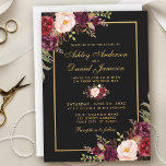 Elegant Burgundy Floral Black Gold Wedding Invitation<br><div class="desc">Elegant Watercolor Burgundy Floral Black and Gold Wedding Invitation Card</div>