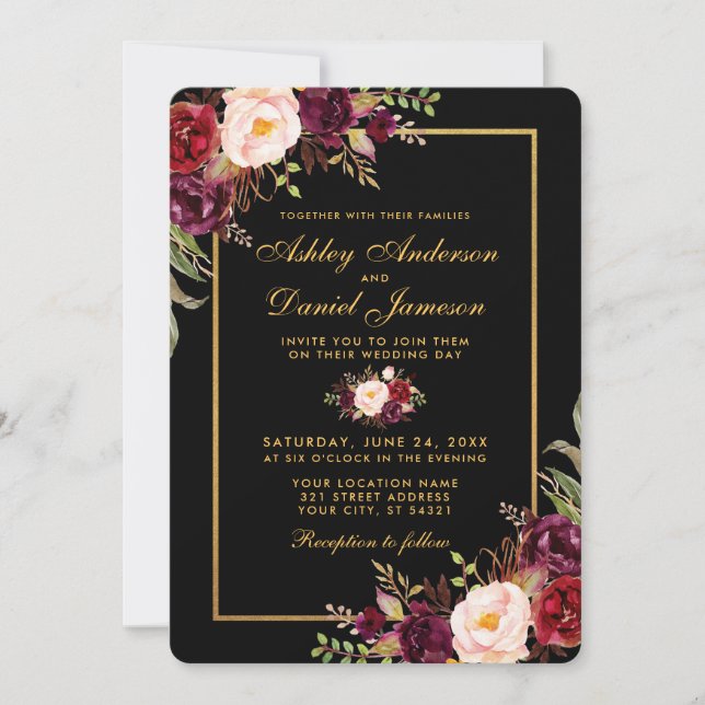 Elegant Burgundy Floral Black Gold Wedding R Invitation (Front)