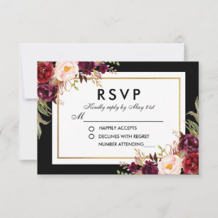 Elegant Burgundy Floral Black Gold Wedding RSVP Card