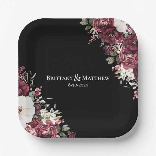Elegant Burgundy Floral Black Wedding  Paper Plate (Front)