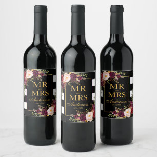 Elegant Burgundy Floral Black White Striped Gold Wine Label