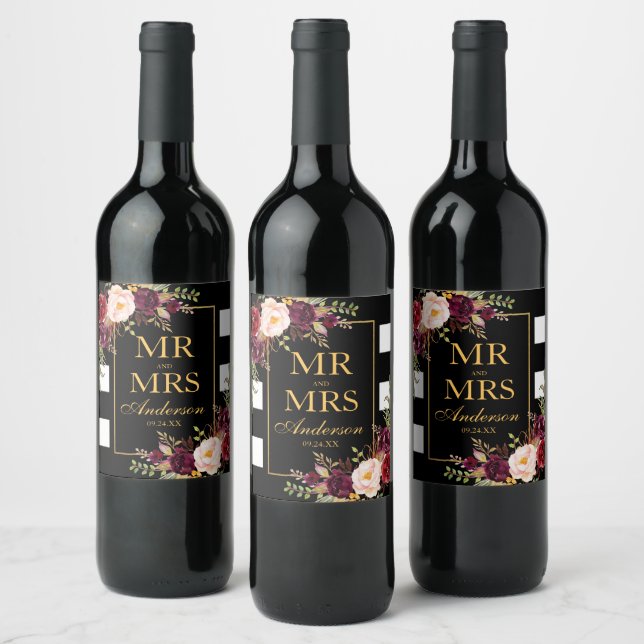 Elegant Burgundy Floral Black White Striped Gold Wine Label (Bottles)