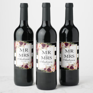 Elegant Burgundy Floral Black White Striped Wine Label