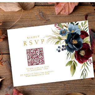 Elegant Burgundy Floral Bloom QR code wedding RSVP Card