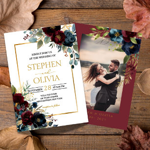 Elegant Burgundy Floral Blooms wedding Photo Invitation
