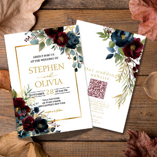 Elegant Burgundy Floral Blooms wedding  QR details Invitation