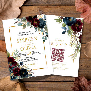 Elegant Burgundy Floral Blooms wedding QR RSVP Invitation