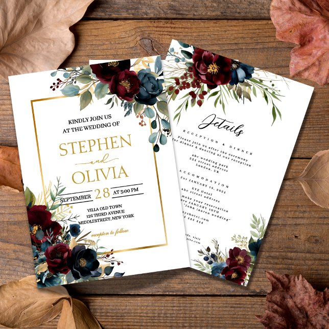 Elegant Burgundy Floral Blooms wedding with detail Invitation (Creator Uploaded)