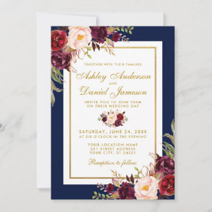 Elegant Burgundy Floral Blue Gold Wedding Invite