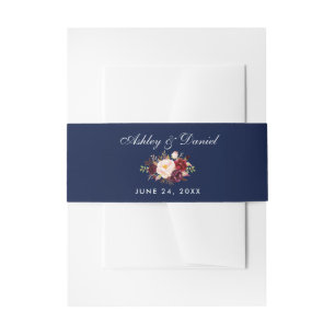 Elegant Burgundy Floral Blue Wedding Invitation Belly Band