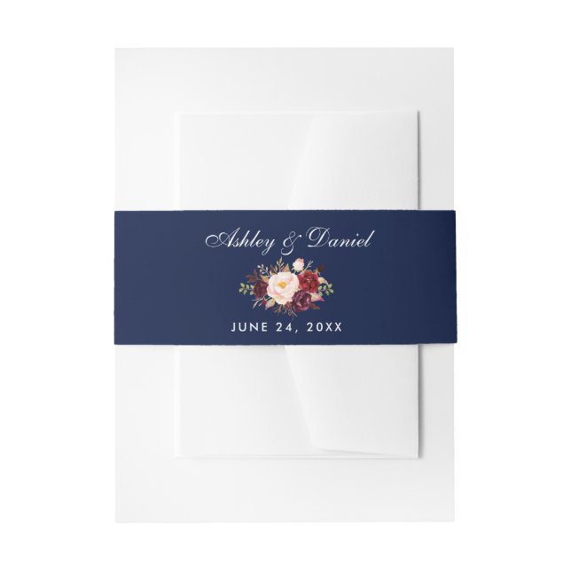 Elegant Burgundy Floral Blue Wedding Invitation Belly Band (Front Example)