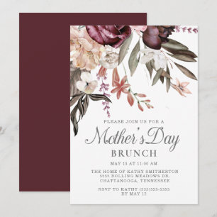 Elegant Burgundy Floral Boho Vintage Mother's Day Invitation