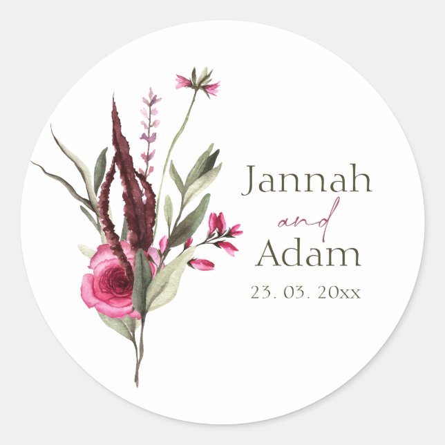 Elegant Burgundy Floral Bouquet Wedding Classic Round Sticker (Front)