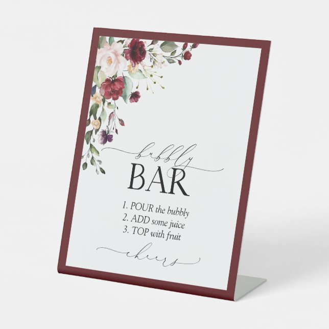 Elegant Burgundy Floral Bridal Shower Bubbly Bar Pedestal Sign (Front)
