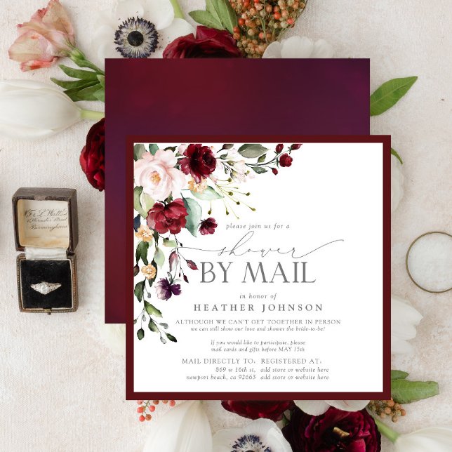 Elegant Burgundy Floral Bridal Shower by Mail Invitation (Creator Uploaded)