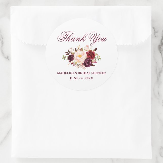 Elegant Burgundy Floral Bridal Shower Classic Round Sticker (Bag)