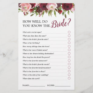 Elegant Burgundy Floral Bridal Shower Game