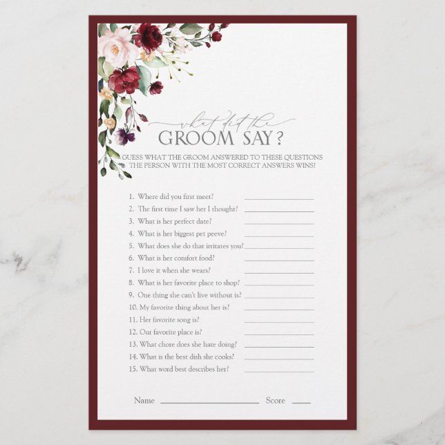 Elegant Burgundy Floral Bridal Shower Game (Front)