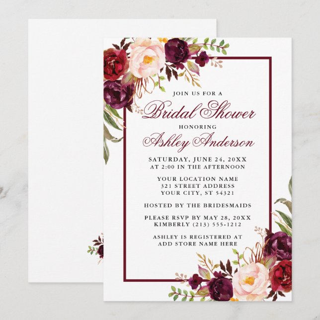 Elegant Burgundy Floral Bridal Shower Invitation (Front/Back)
