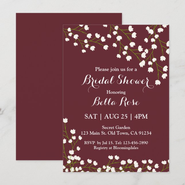 Elegant Burgundy Floral Bridal Shower Invitations (Front/Back)