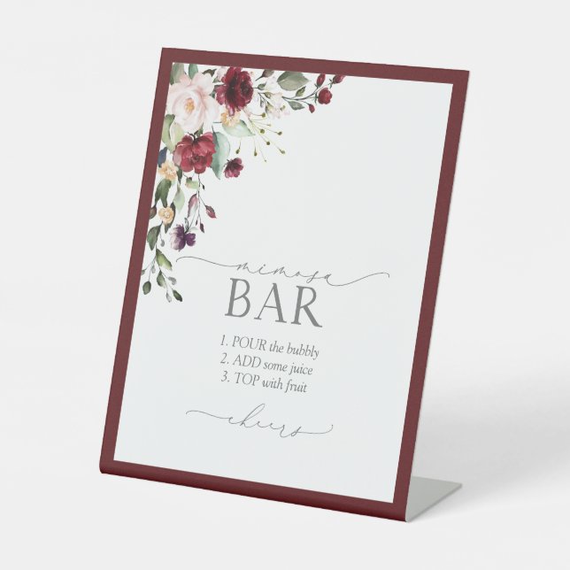 Elegant Burgundy Floral Bridal Shower Mimosa Bar Pedestal Sign (Front)