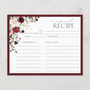 Elegant Burgundy Floral Bridal Shower Recipe Card
