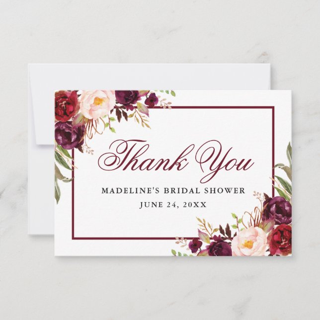 Elegant Burgundy Floral Bridal Shower Thank You Card (Front)