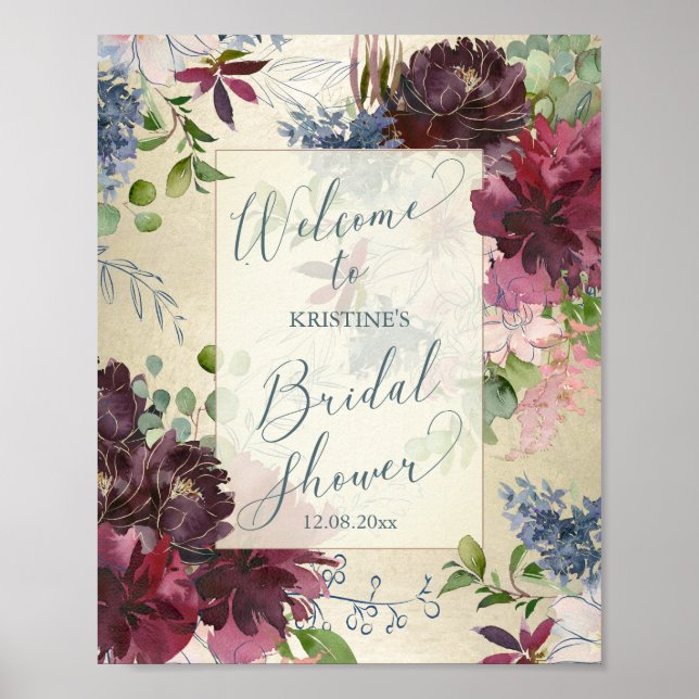 Elegant Burgundy Floral Bridal Shower Welcome Poster (Front)