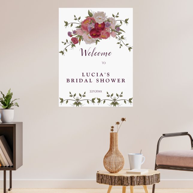 Elegant Burgundy Floral Bridal Shower Welcome  Poster (Living Room 3)