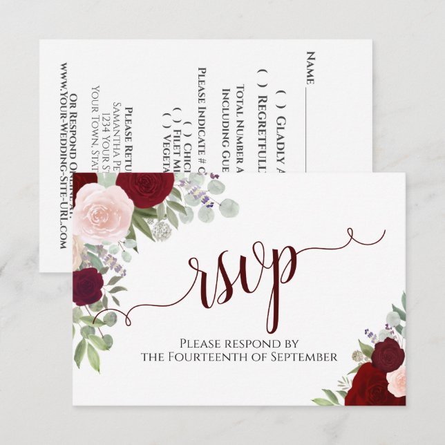Elegant Burgundy Floral Calligraphy Wedding RSVP Card (Front/Back)