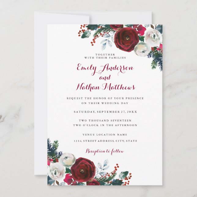 Elegant Burgundy Floral Christmas Wedding Invitation (Front)