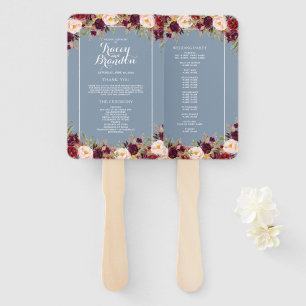 Elegant Burgundy Floral Dusty Blue Wedding Program Hand Fan