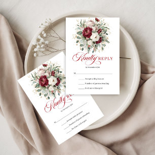 Elegant Burgundy Floral Eucalyptus Gold Wedding RSVP Card
