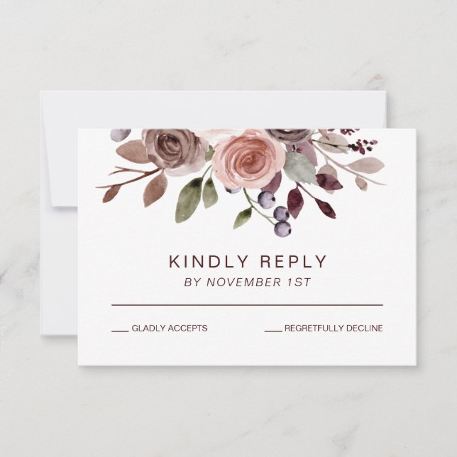 Elegant burgundy Floral Fall Wedding RSVP Card (Front)