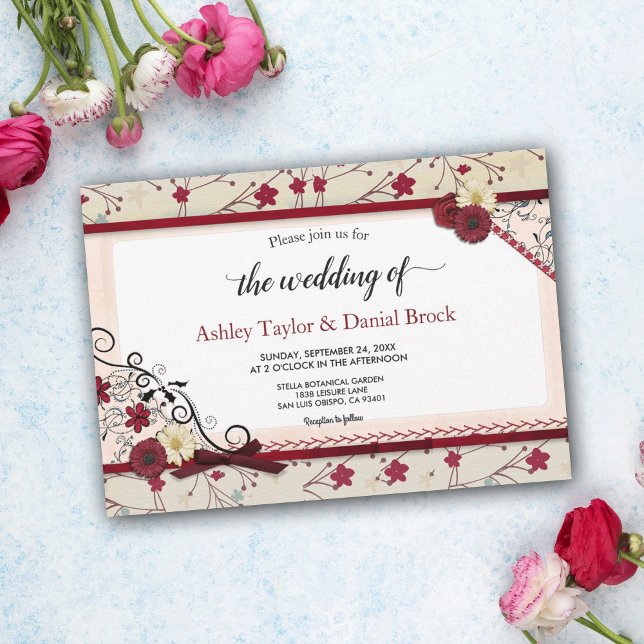 Elegant Burgundy Floral Frame Chic Summer Wedding Invitation (Creator Uploaded)
