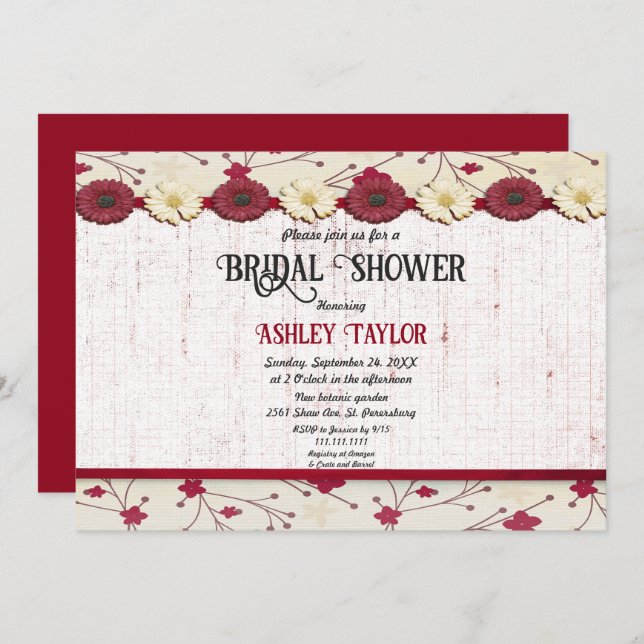 Elegant Burgundy Floral Frame Summer Bridal Shower Invitation (Front/Back)