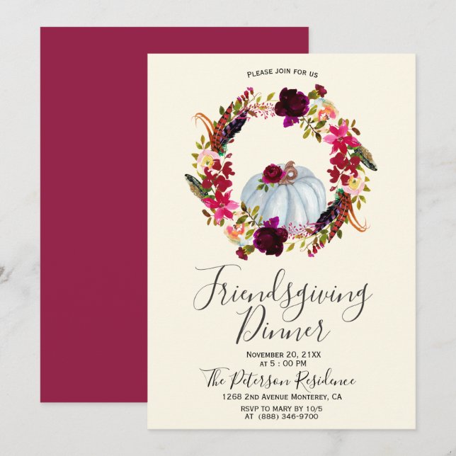Elegant Burgundy Floral Friendsgiving Invitations (Front/Back)