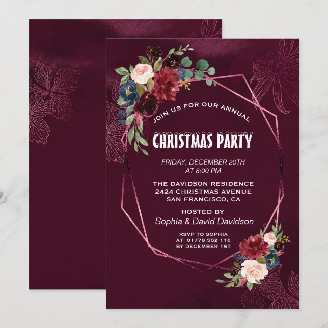 Elegant Burgundy Floral Geometric Christmas Party Invitation (Front/Back)