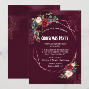 Elegant Burgundy Floral Geometric Christmas Party Invitation