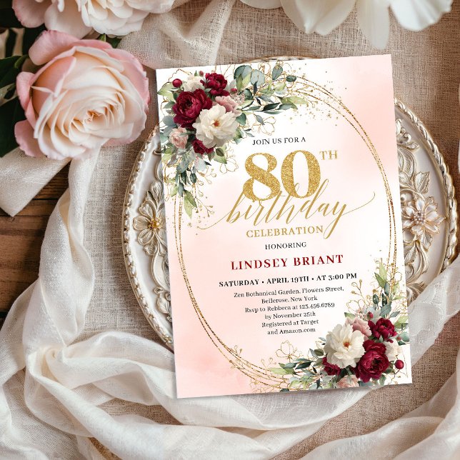 Elegant Burgundy Floral Gold 80th Birthday Party  Invitation (Elegant Burgundy Floral Gold 80th Birthday Party Invite)