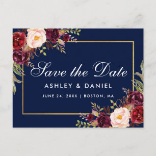 Elegant Burgundy Floral Gold Blue Save The Date Announcement Postcard