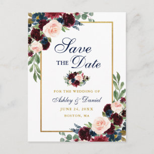 Elegant Burgundy Floral Gold Blue Save the Date Announcement Postcard