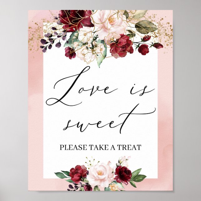 Elegant burgundy floral gold blush love is sweet poster (Front)