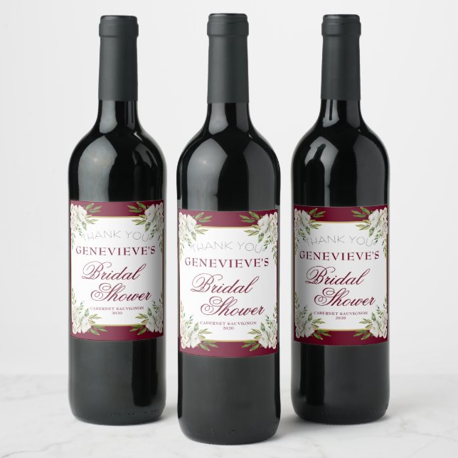 Elegant Burgundy Floral Gold Bridal Shower Favour Wine Label (Bottles)