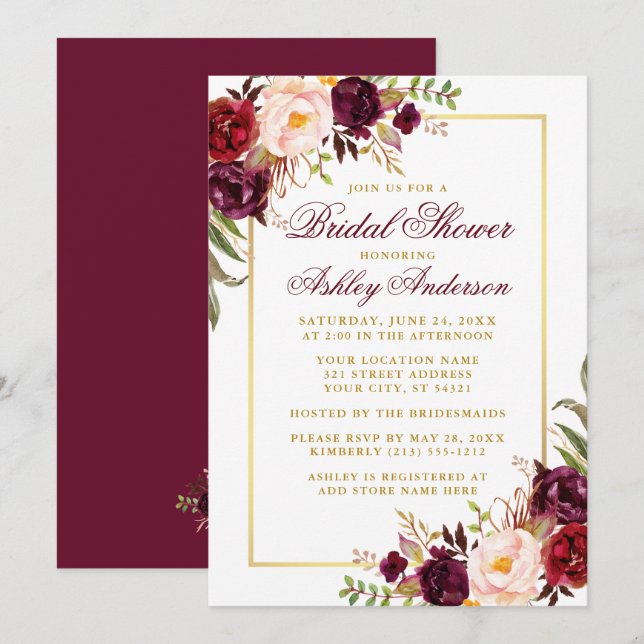 Elegant Burgundy Floral Gold Bridal Shower Invitation (Front/Back)