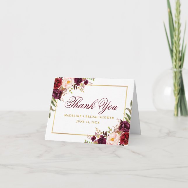 Elegant Burgundy Floral Gold Bridal Shower Note Thank You Card (Front)